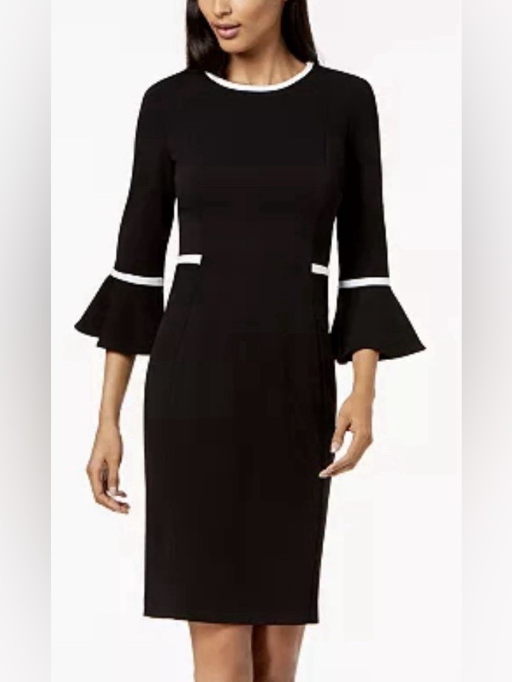 Calvin Klein Ribbon Trim Bell Sleeve Sheath Dress Black White Size 8 - Picture 2 of 5